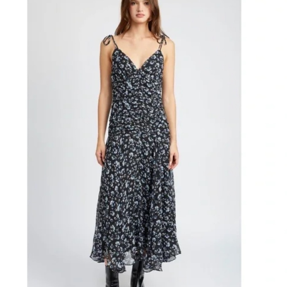 Emory Park Black And Blue Miriam Floral Ruched Midi Dress Size Large Nwt